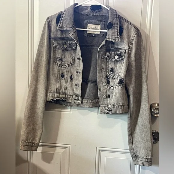 Distressed Grey Cropped Jean Jacket - Women - Picture 1 of 4